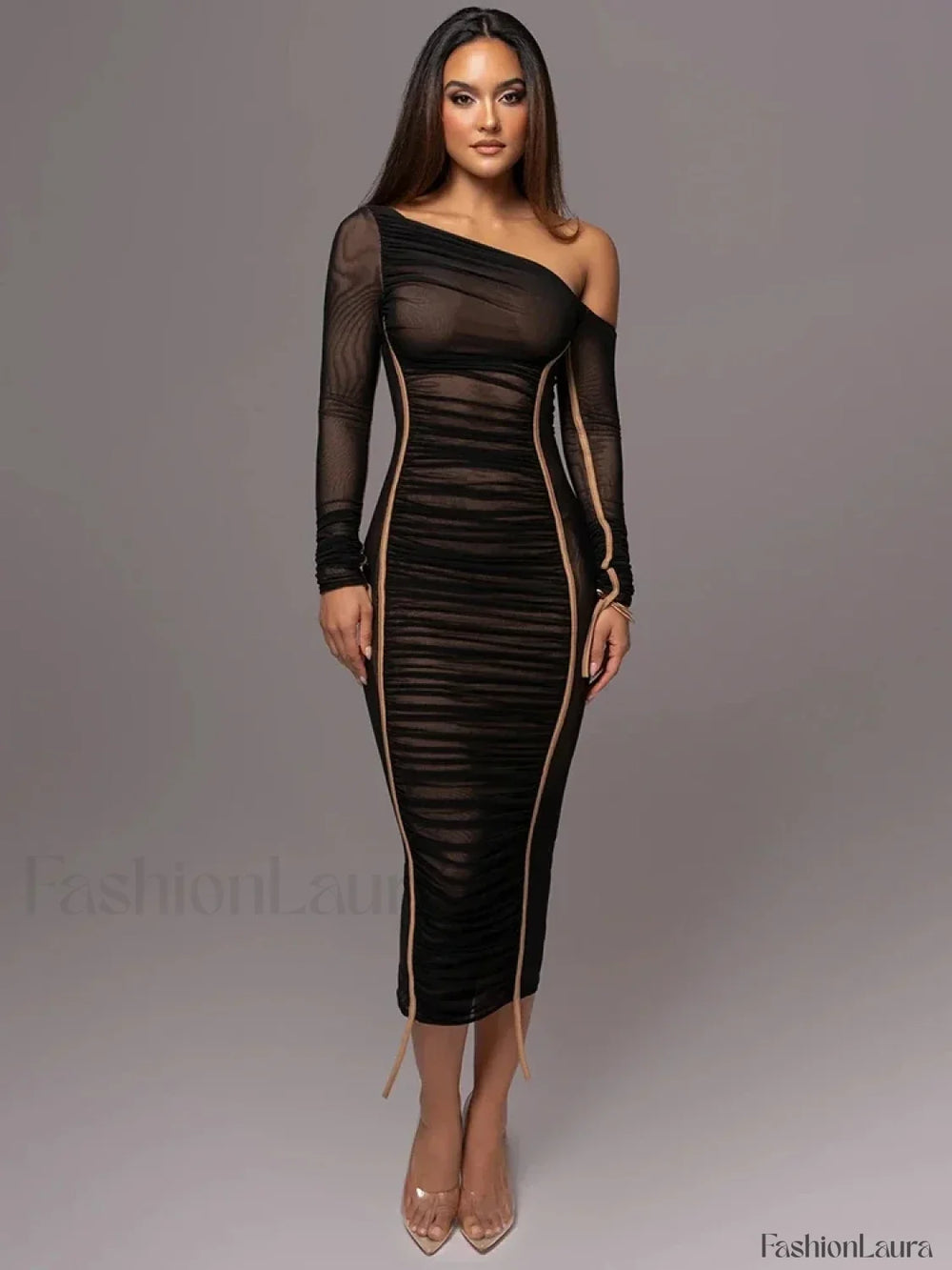 Diagonal Collar Mesh Backless Ruched Bodycon Long Midi Dress Black / S