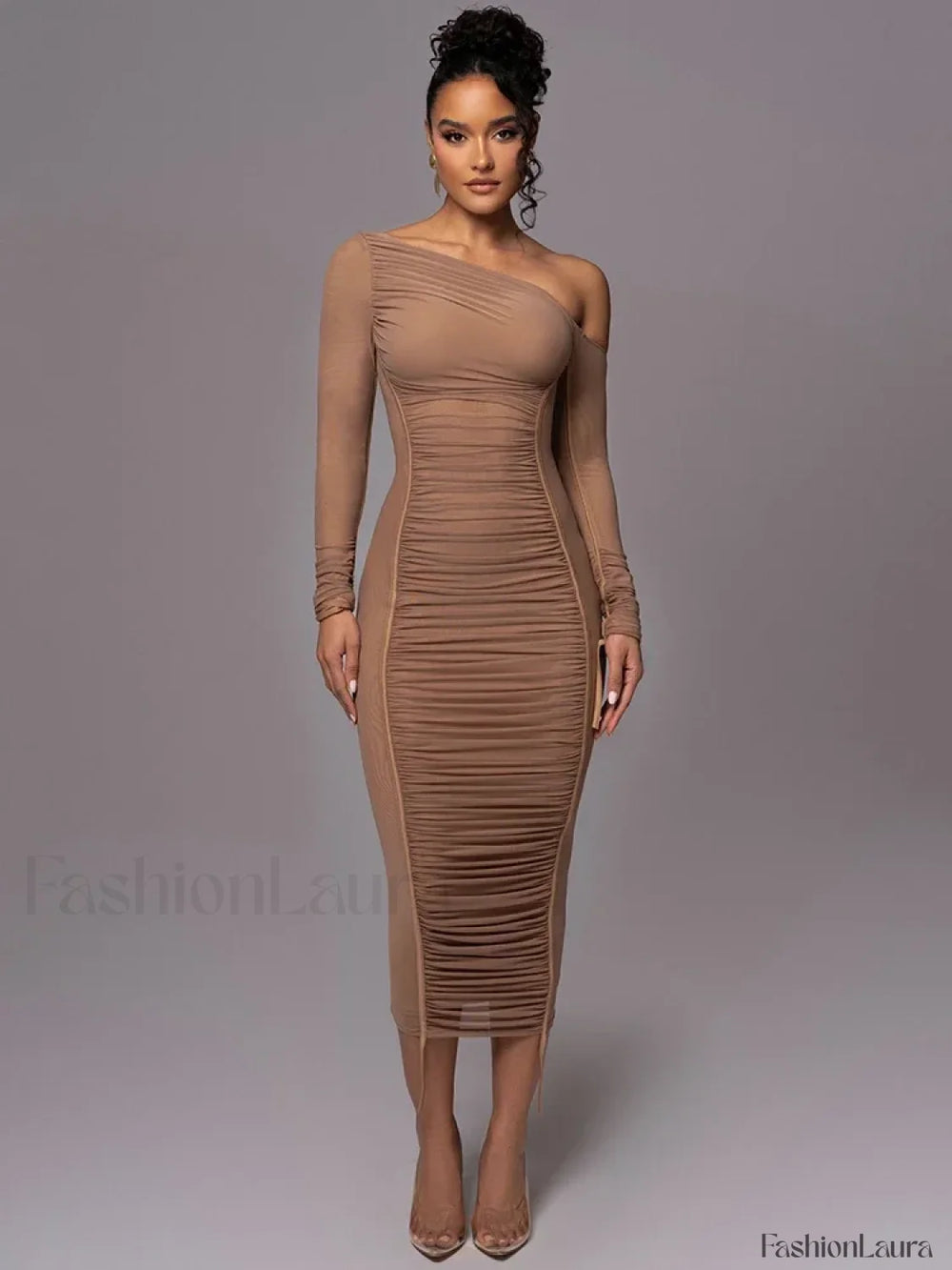 Diagonal Collar Mesh Backless Ruched Bodycon Long Midi Dress Brown / S