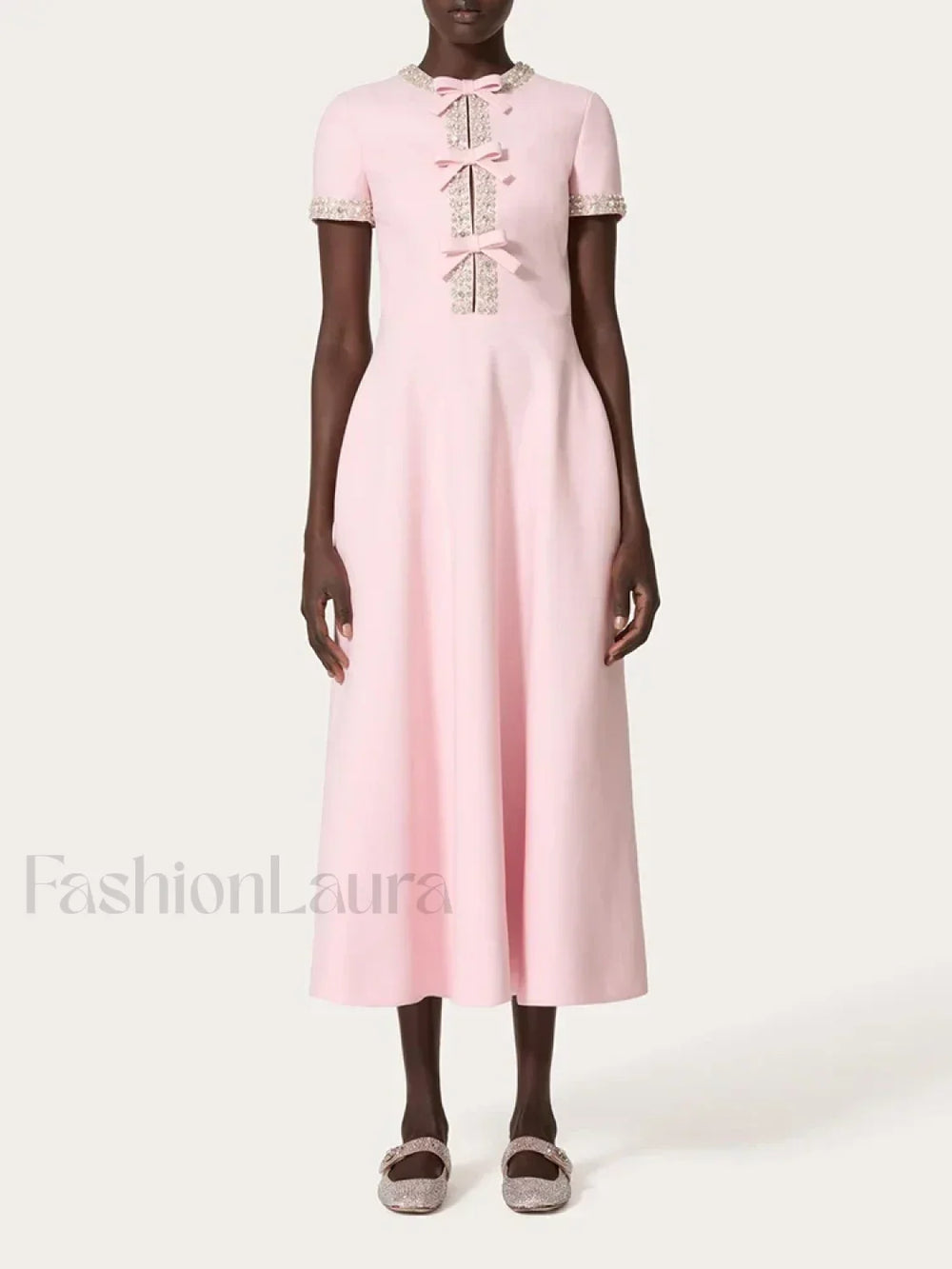 Diamond Bowknot Midi Dress PINK / S