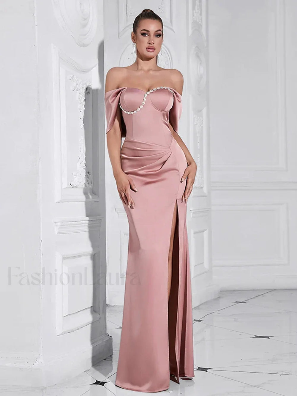 Diamond Pleated Split Maxi Dress Pink / XS