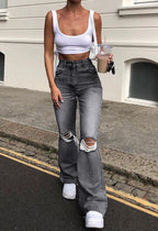 Distressed High Waist Ripped Jeans Gray / M Jeans