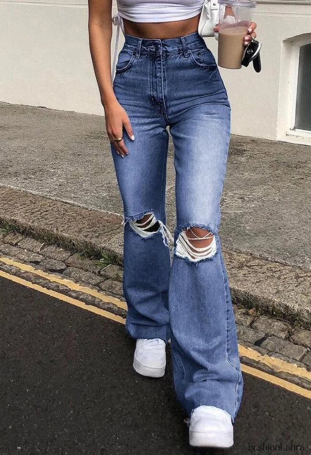Distressed High Waist Ripped Jeans Blue / S Jeans