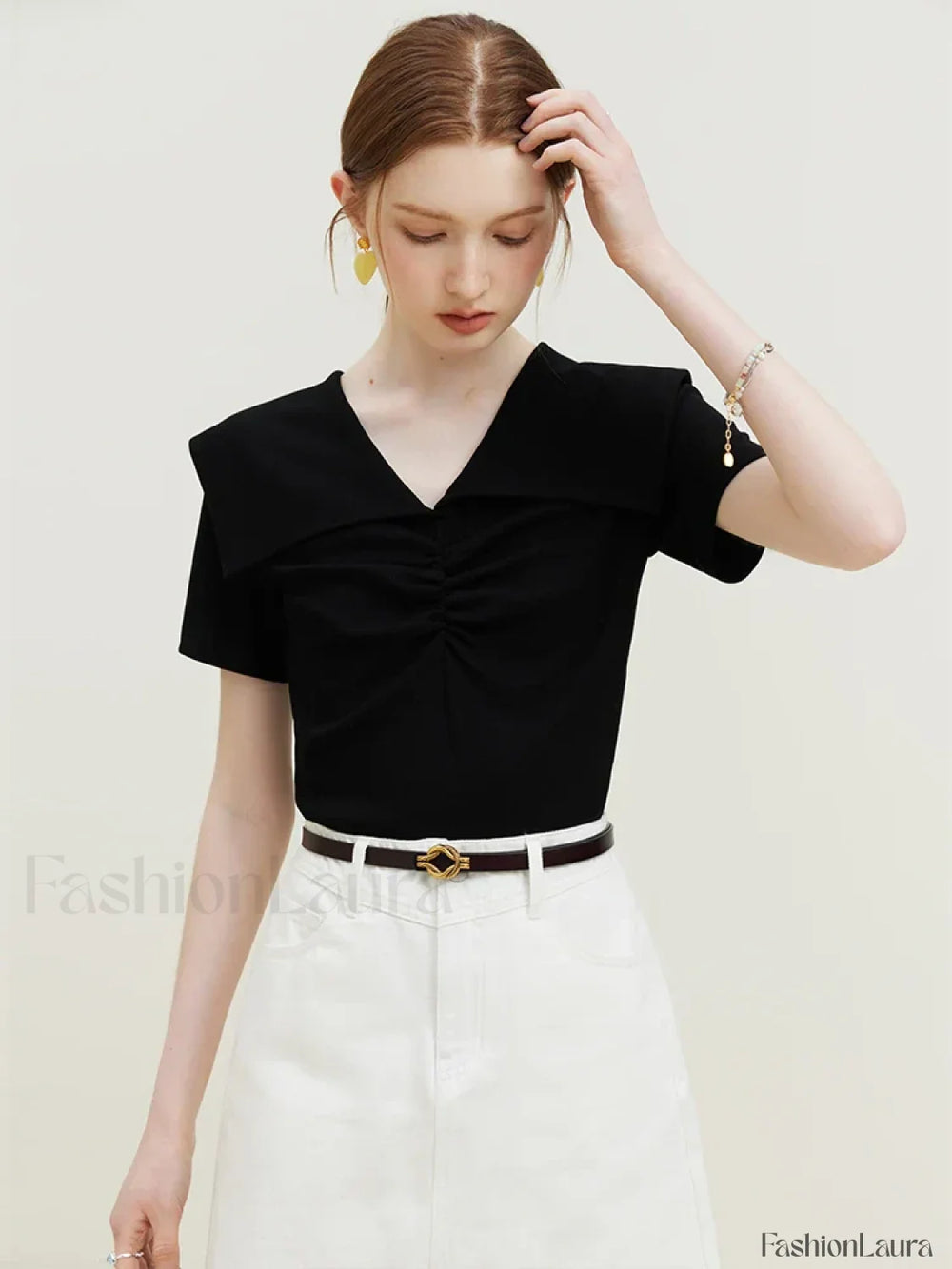 Doll Collar Slim Knitted Casual T Shirt Black / S