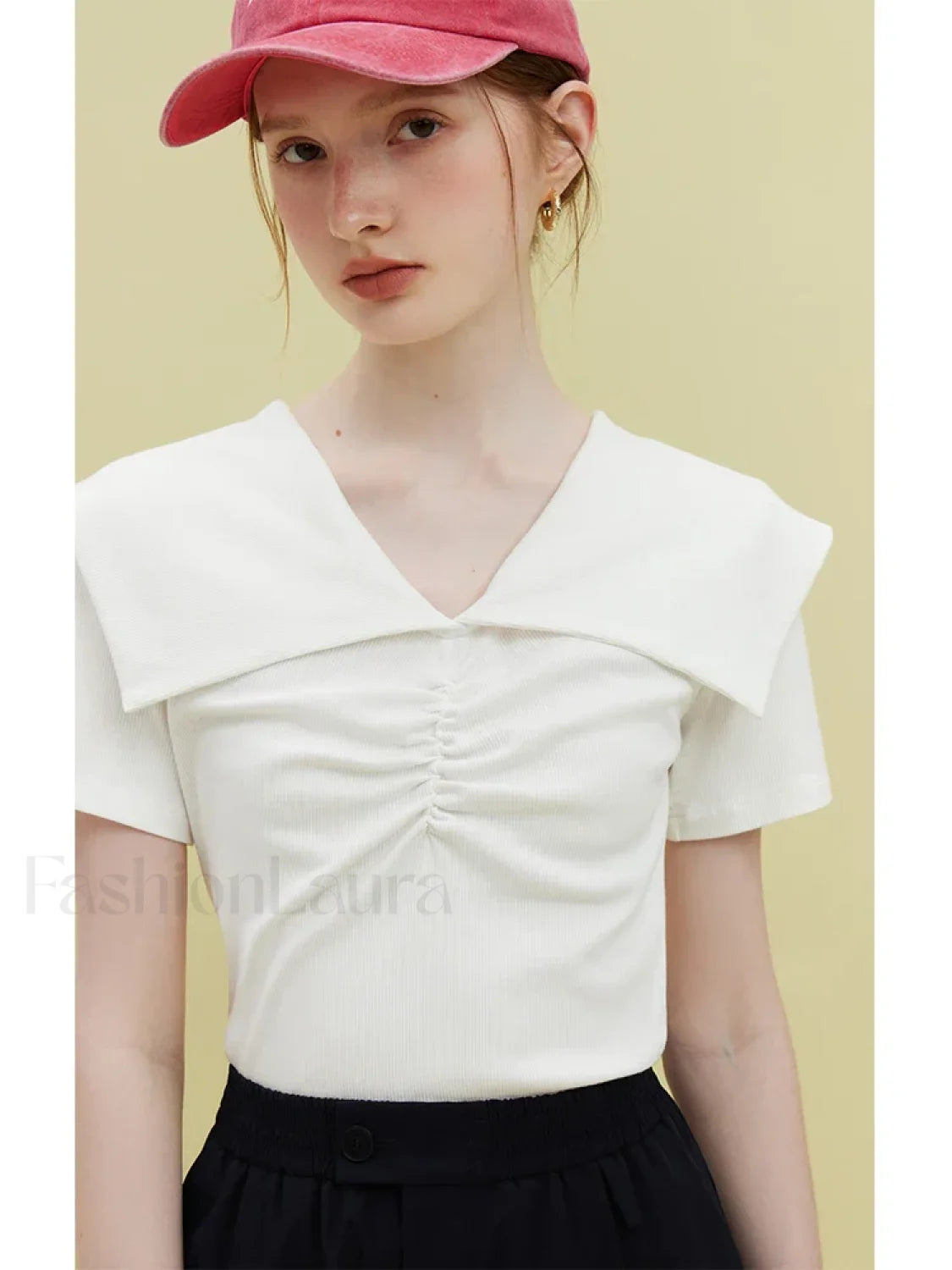 Doll Collar Slim Knitted Casual T Shirt WHITE / S Main image
