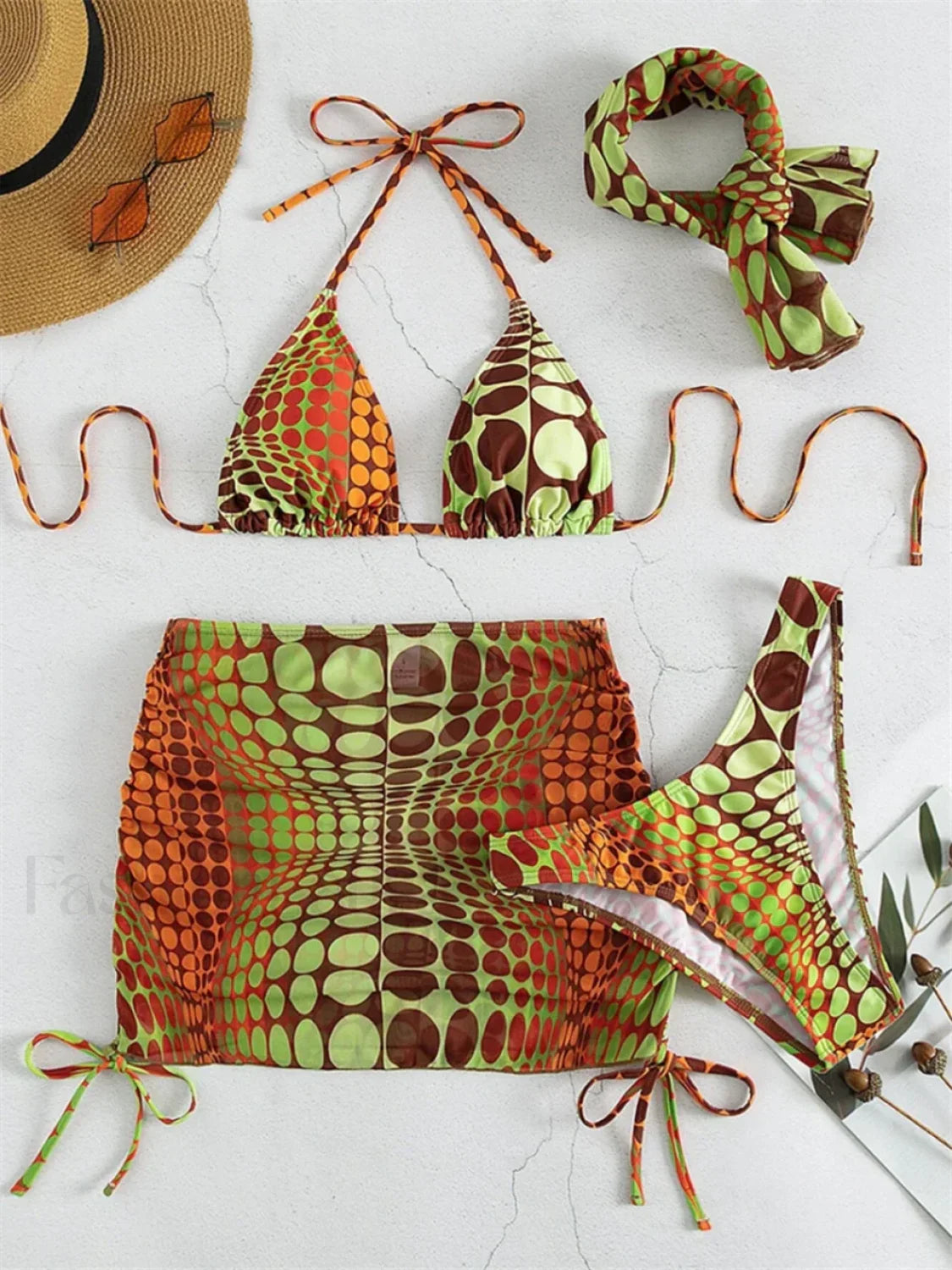 Dot Print Halter Triangle Three Piece Set Secondary image