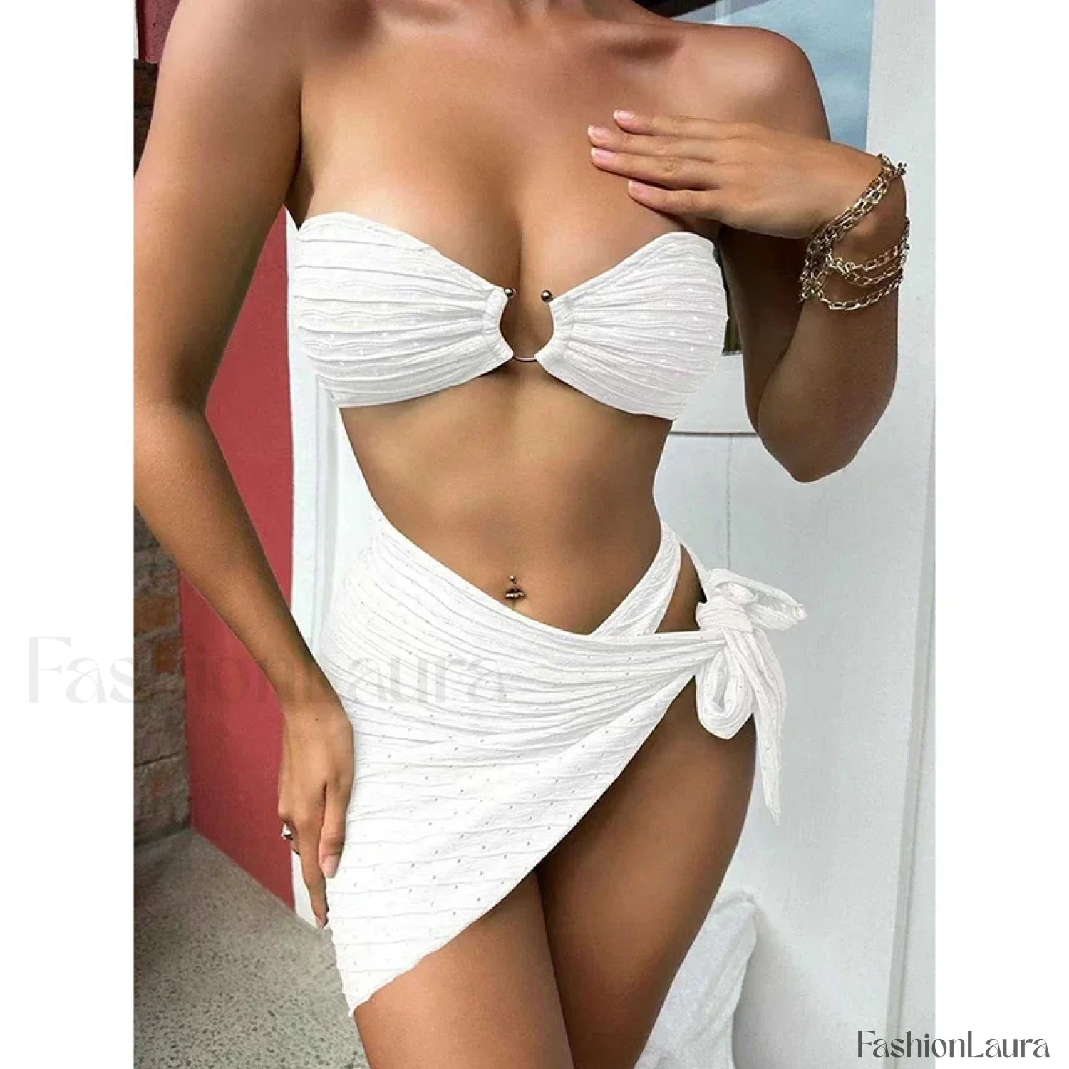 Dot Strapless Hollow Three Piece Set White / S