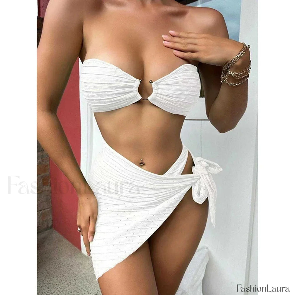 Dot Strapless Hollow Three Piece Set White / S