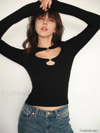 Double Keyholes Long Sleeve Top T Shirts