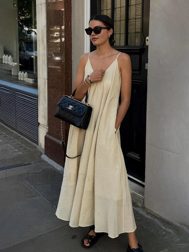 Double Layers V neck Long Dress Apricot / XS Dresses Main image