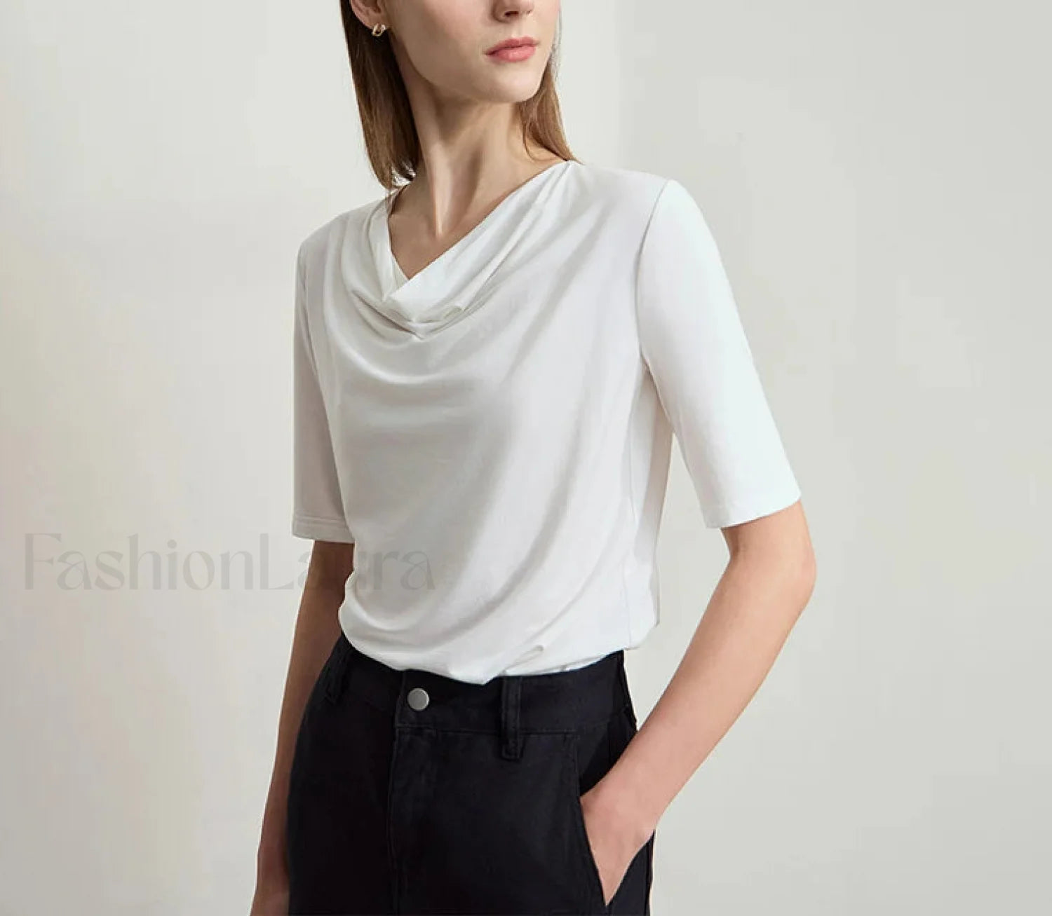Draped Collar Modal T Shirt Beige / S