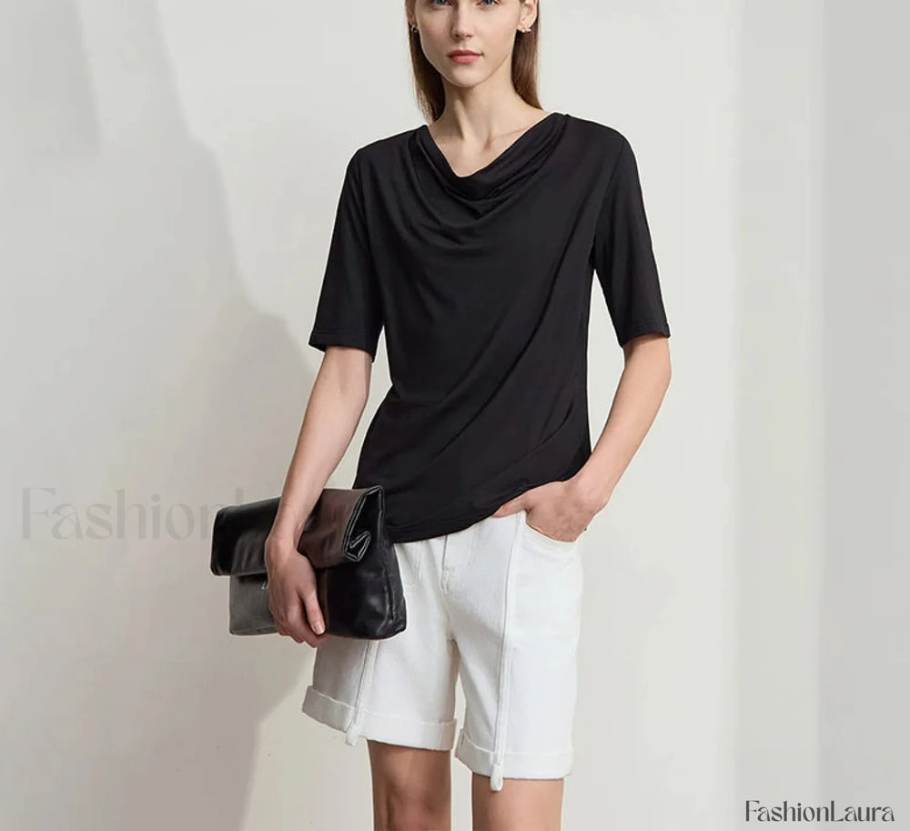 Draped Collar Modal T Shirt Black / S