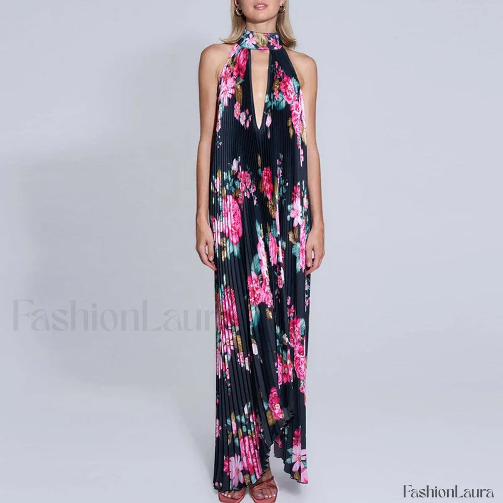 Draped Ethnic Hem Printed Maxi Dress black / S