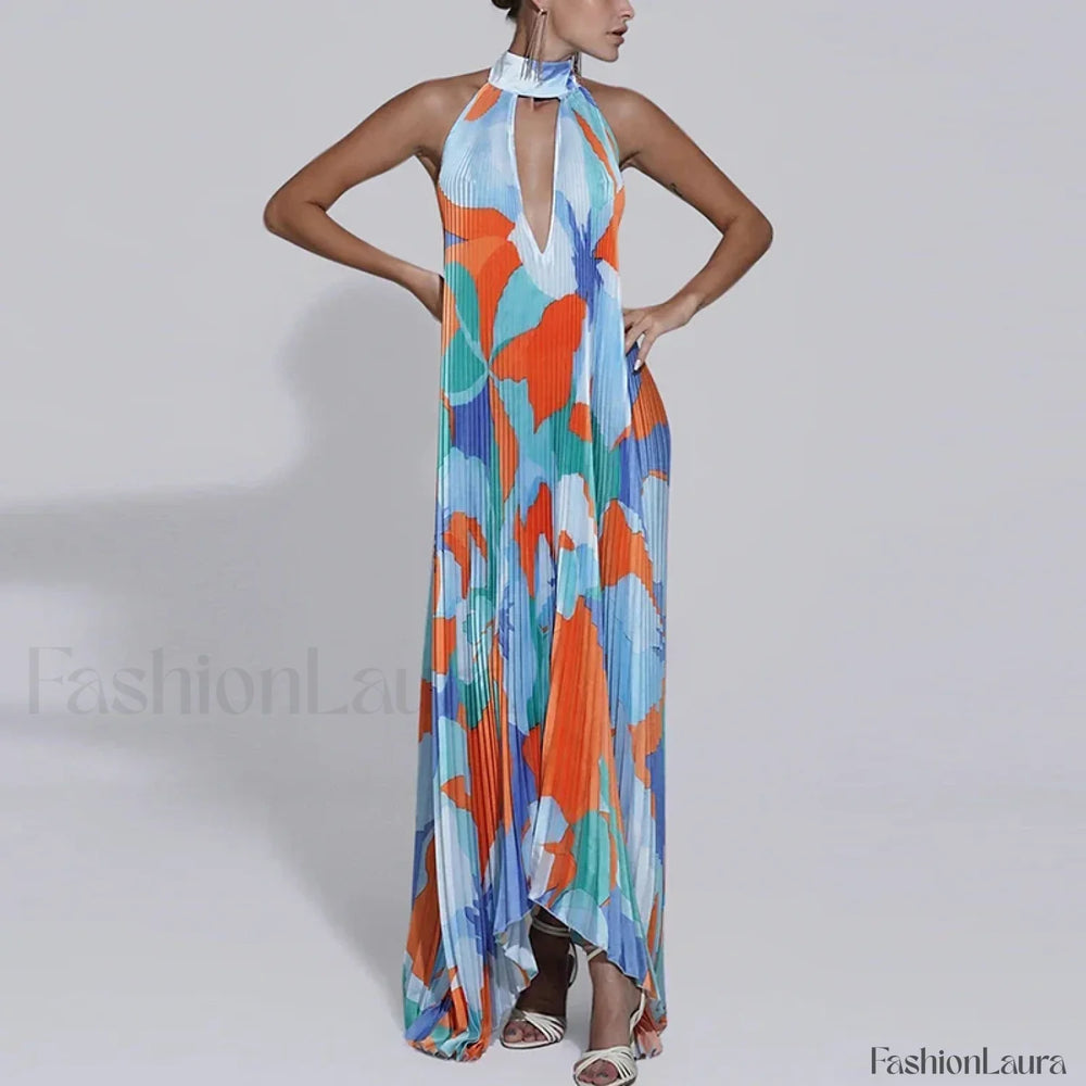 Draped Ethnic Hem Printed Maxi Dress blue 1 / S