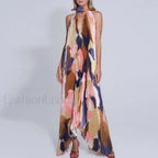 Draped Ethnic Hem Printed Maxi Dress brown / S