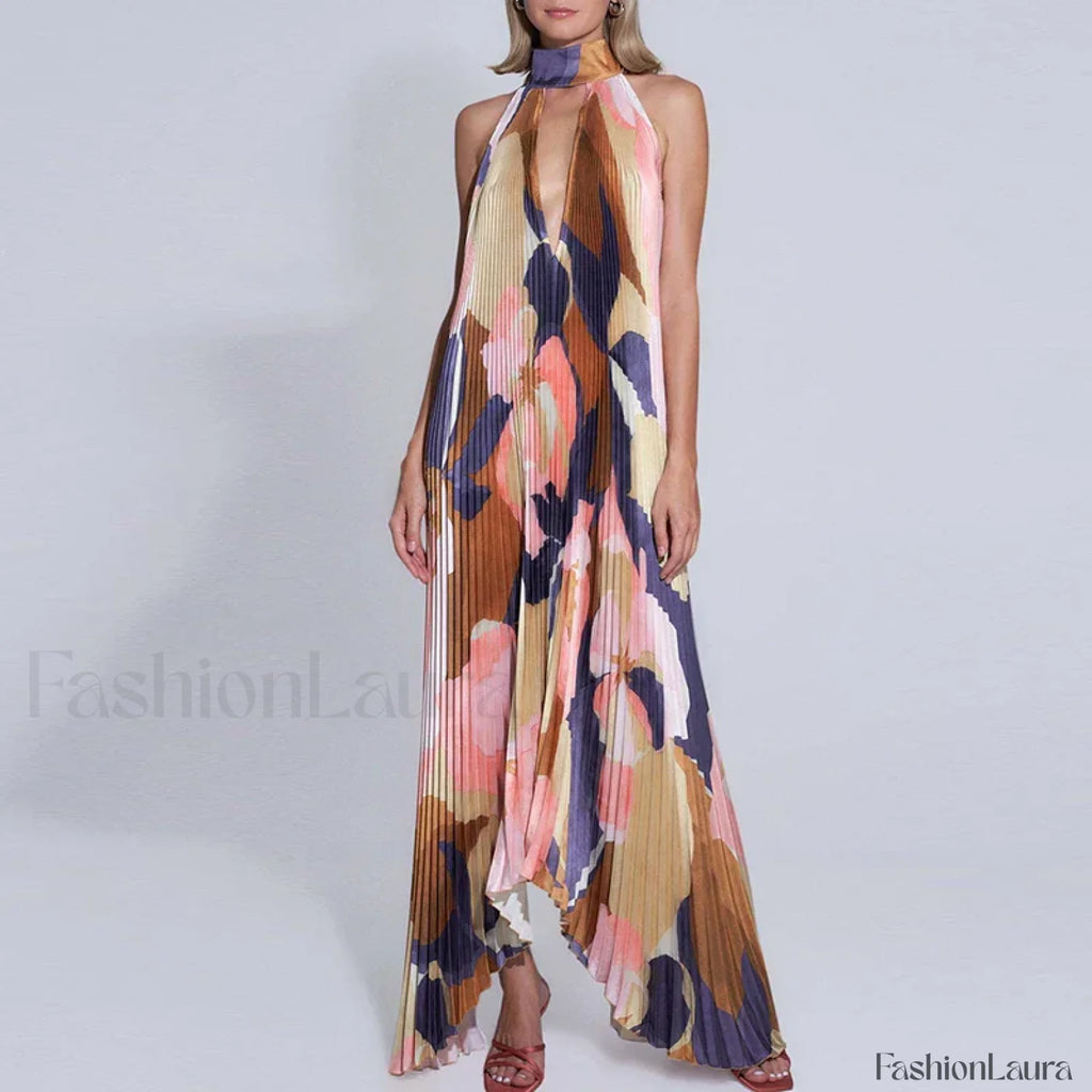 Draped Ethnic Hem Printed Maxi Dress brown / S