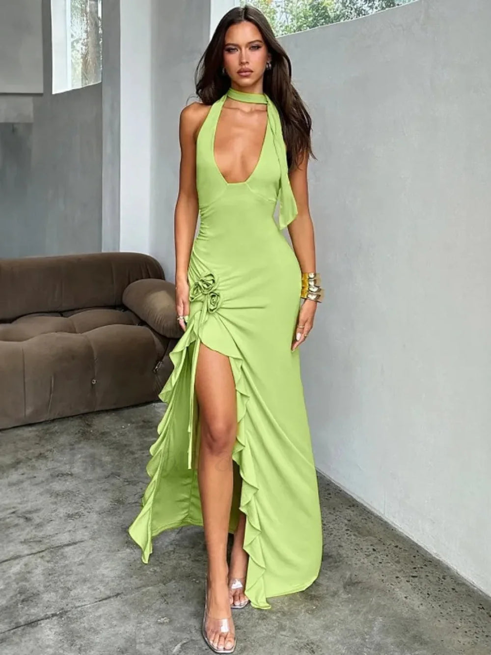 Draped Floral Split Maxi Dress Green / S