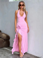 Draped Floral Split Maxi Dress Pink / S