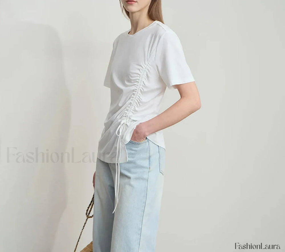 Drawstring Casual Fit T Shirt Beige / S