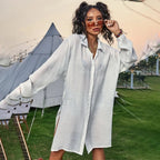 Drawstring Hollow Knit Dress Cover Up WHITE / One Size