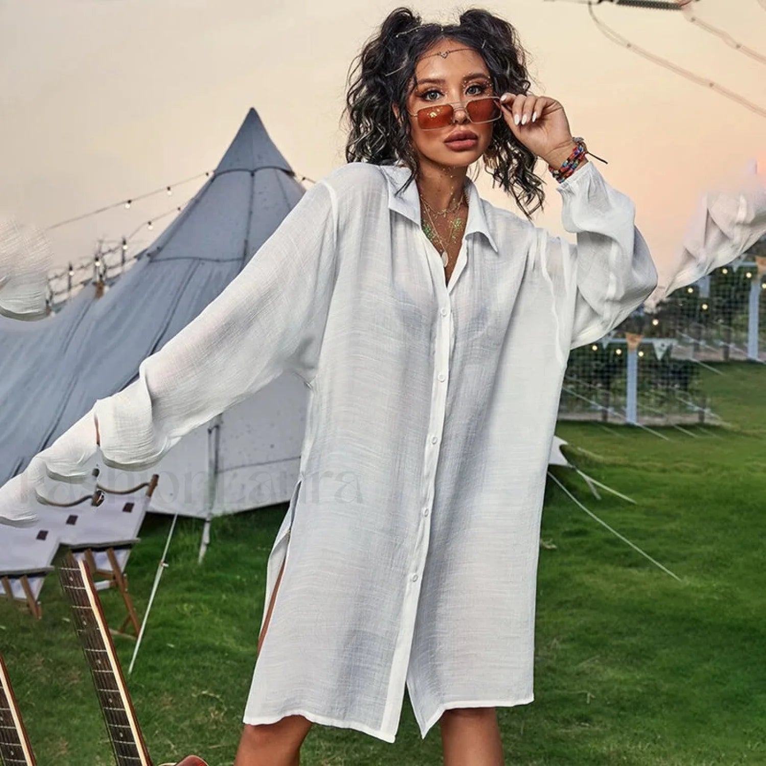 Drawstring Hollow Knit Dress Cover Up WHITE / One Size