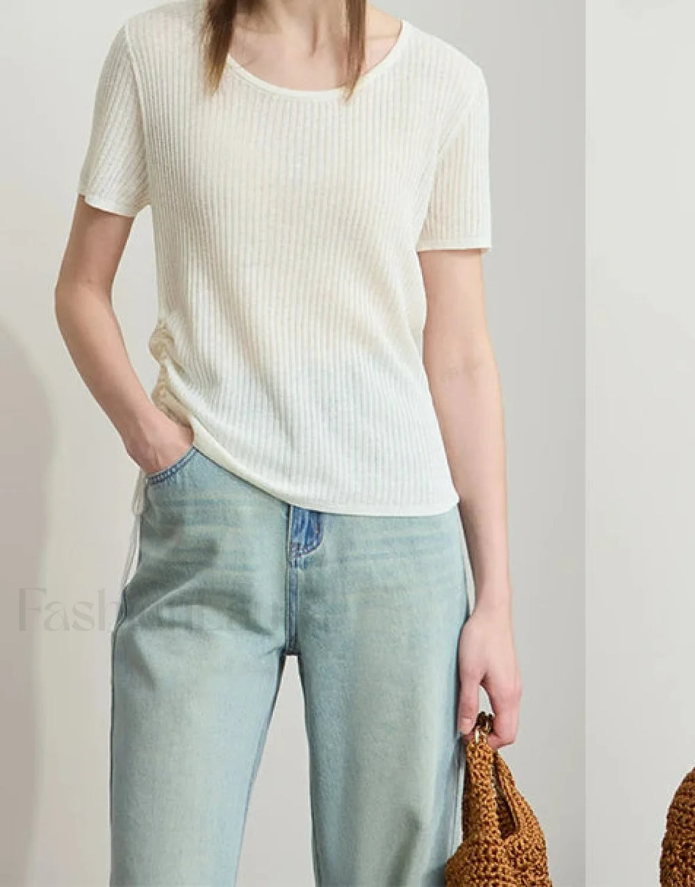 Drawstring Round Neck T Shirt Beige / S