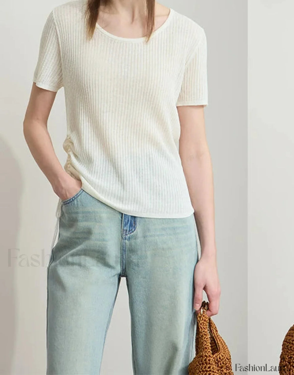 Drawstring Round Neck T Shirt Beige / S