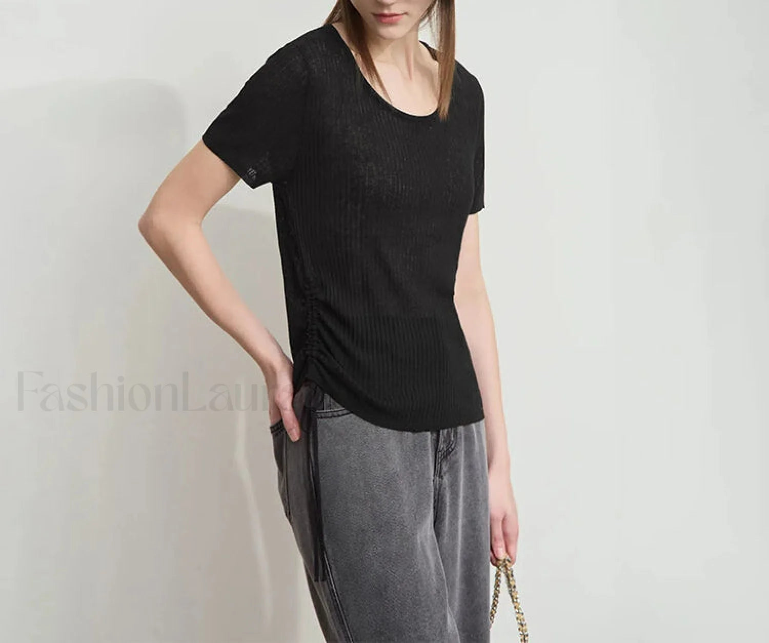 Drawstring Round Neck T Shirt Black / S