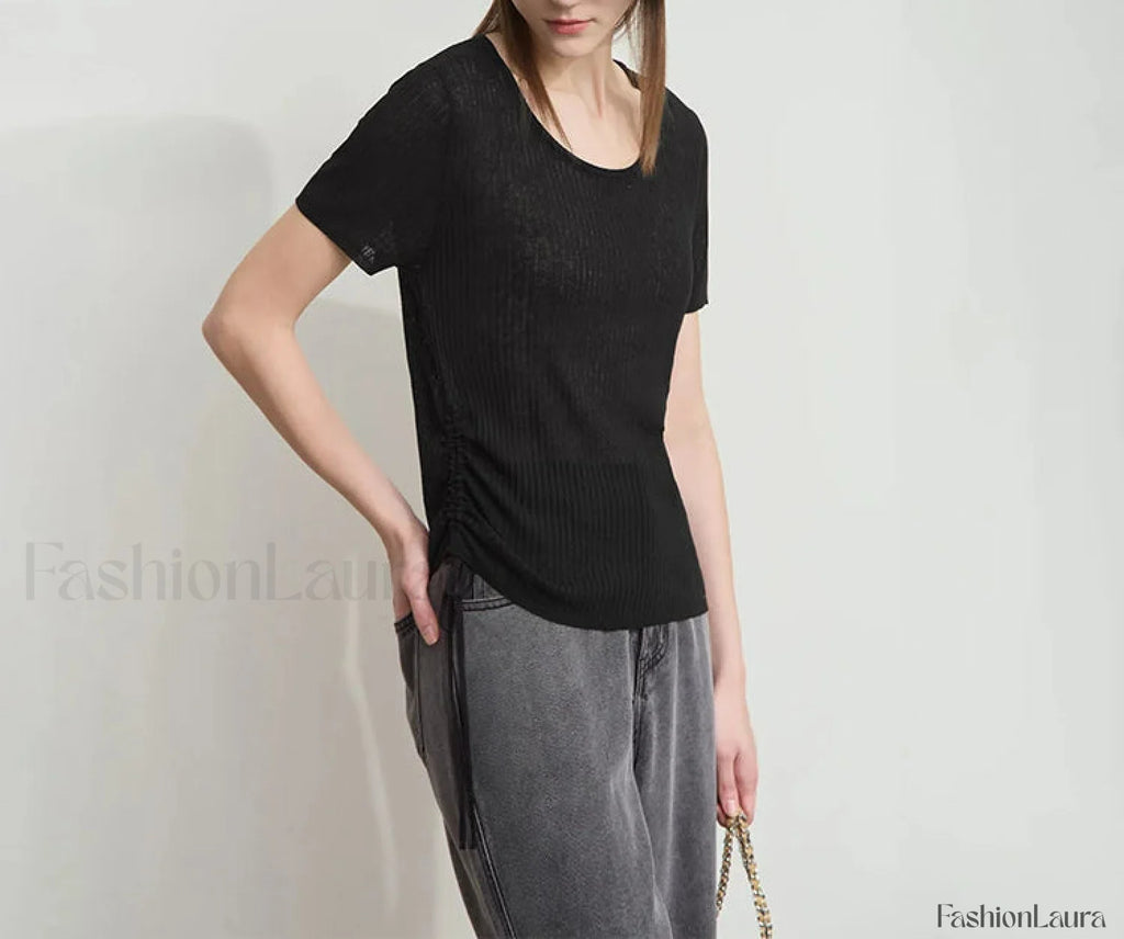Drawstring Round Neck T Shirt Black / S