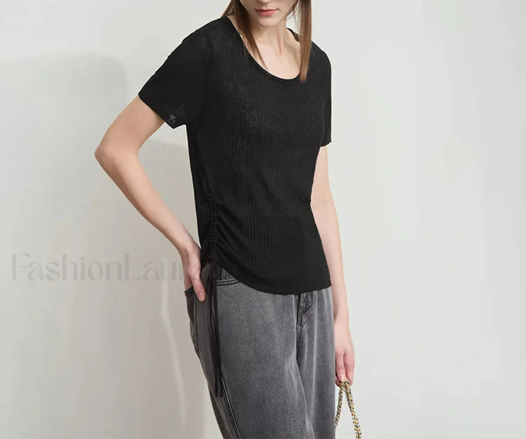 Drawstring Round Neck T Shirt Black / S