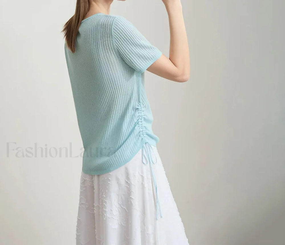 Drawstring Round Neck T Shirt Sky Blue / S