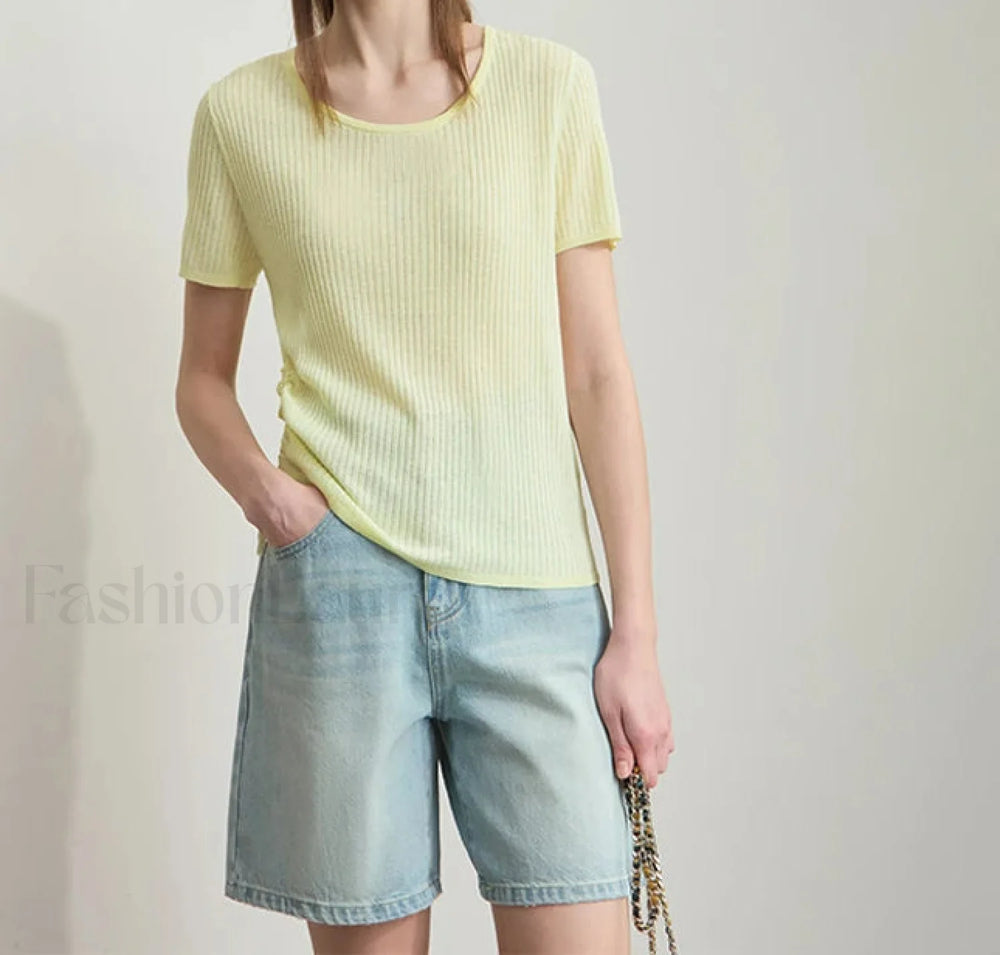 Drawstring Round Neck T Shirt Yellow / S