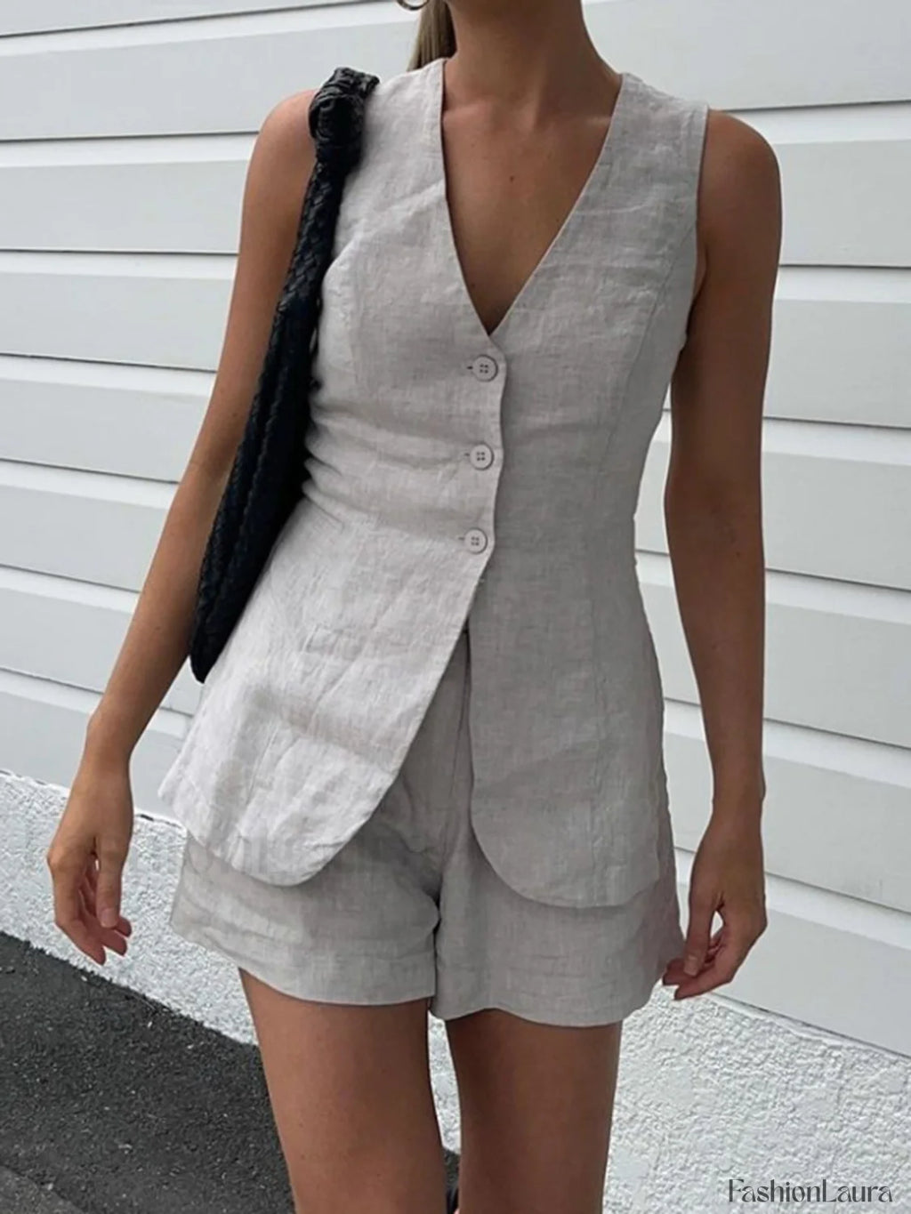 Drawstring Split Casual Shorts Set Light Grey / XS Short Sets