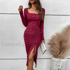 Drawstring Split Elegant High Waist Skinny A Line Midi Dress