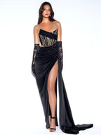Callie Black Lace Satin Graceful Corset High Slit Gown XXS / US Gowns