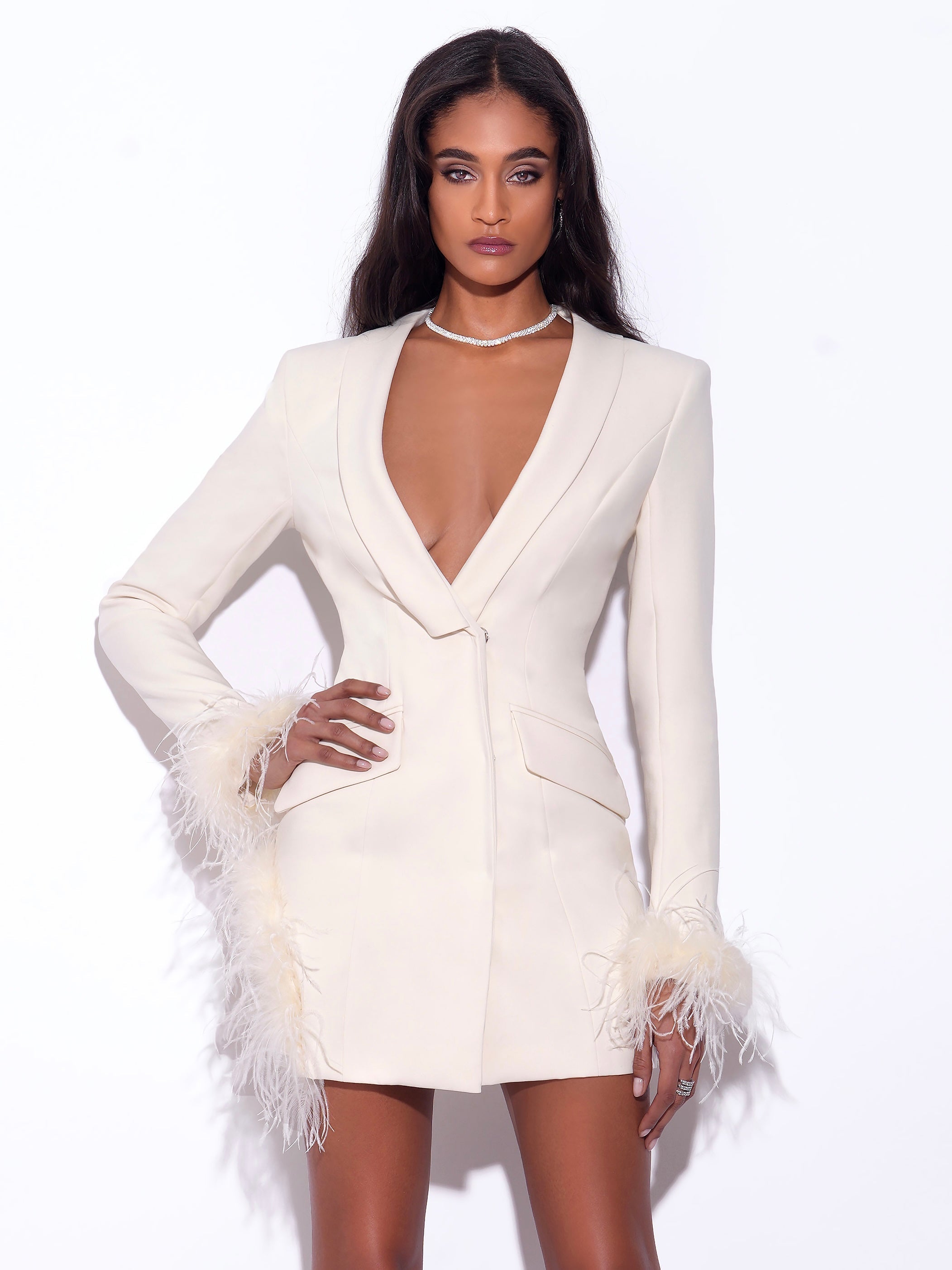 Madeline Pearl White Charming Feather Trim Blazer Dress XXS / US Main image