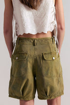Utility Pockets Washed Denim Bermuda Shorts