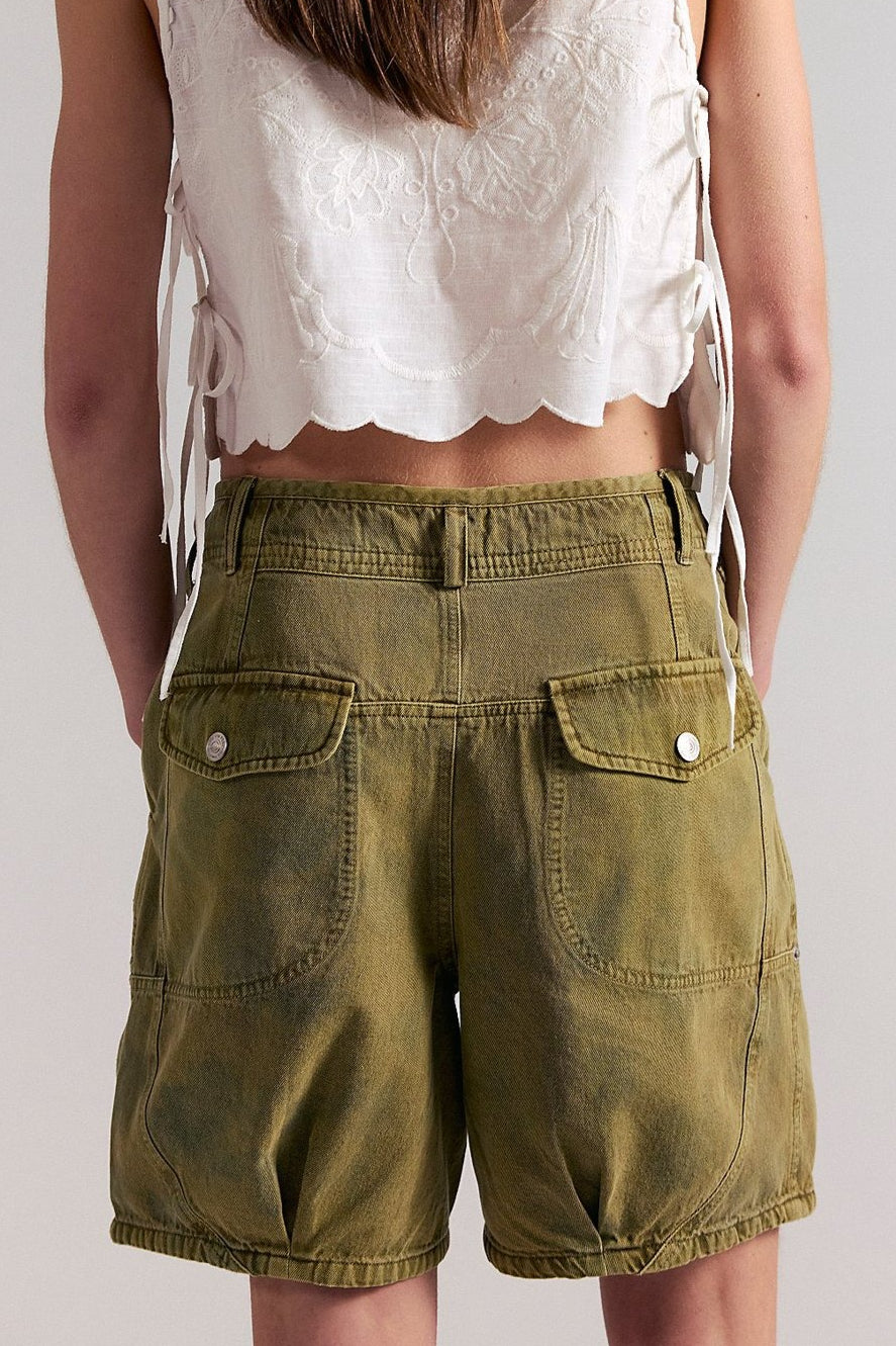 Utility Pockets Washed Denim Bermuda Shorts