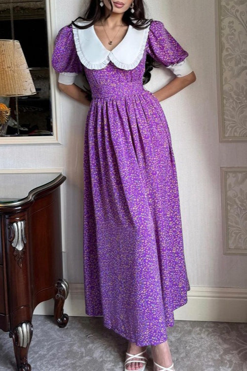 Doll Collar Short Sleeve Tie Waist Maxi Floral Dress Main image