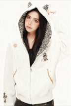 Cat Ear Leopard Lined Zip Up Hoodie