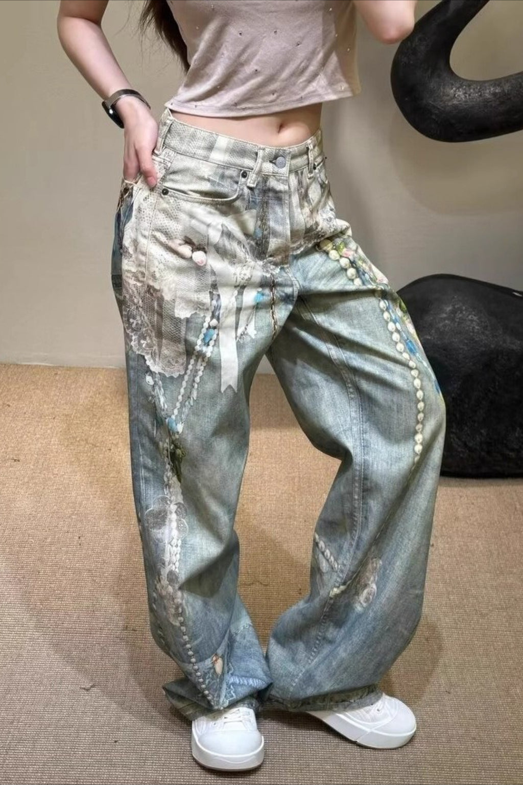 3D Lace Pearl Applique Wide Leg Jeans