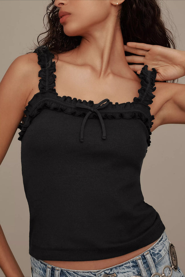 Ruffle Bow Spaghetti Strap Ribbed Tank Top Main image