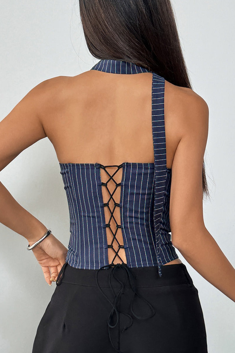 Stripe Lace Trim Backless Corset Tube Top