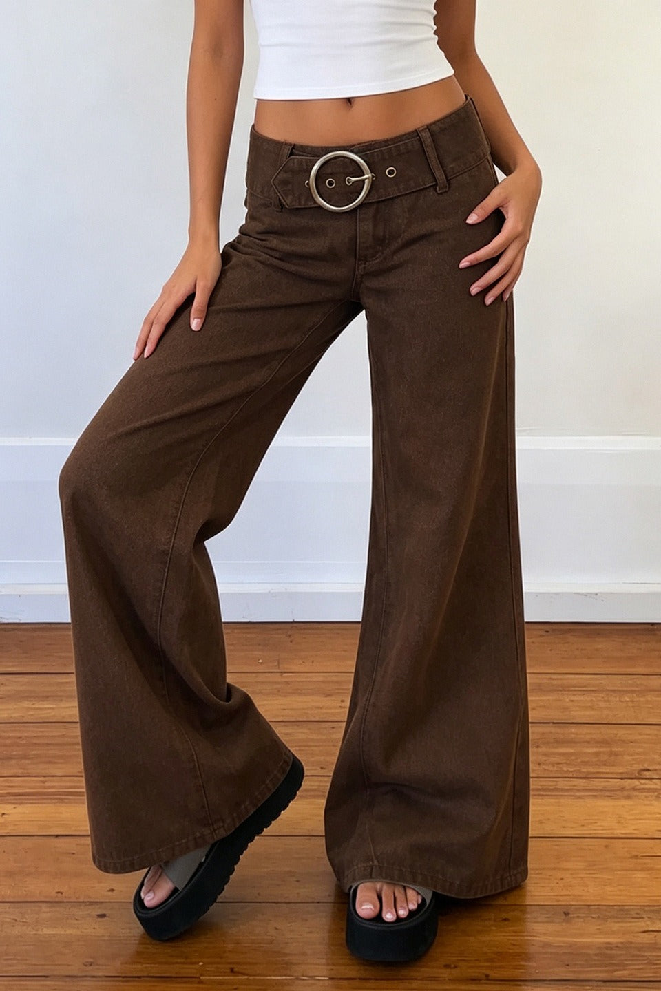 Low Rise Buckle Detail Loose Flare Leg Jeans