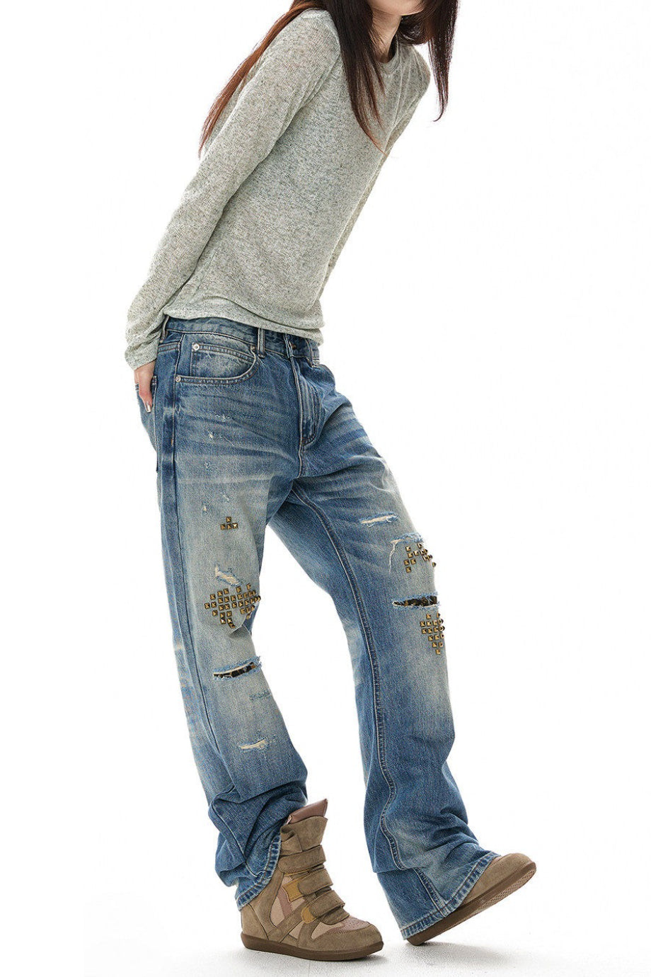 Rivet Lightning Distressed Flare Jeans