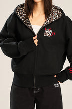 Leopard Lined Devil Horn Cross Zip Hoodie