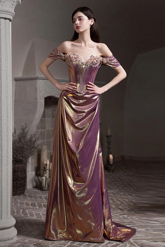 Off Shoulder Ruched Satin Elegant Prom Dress Main image