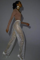 Rhinestone Mesh Trim Wide Leg Pants