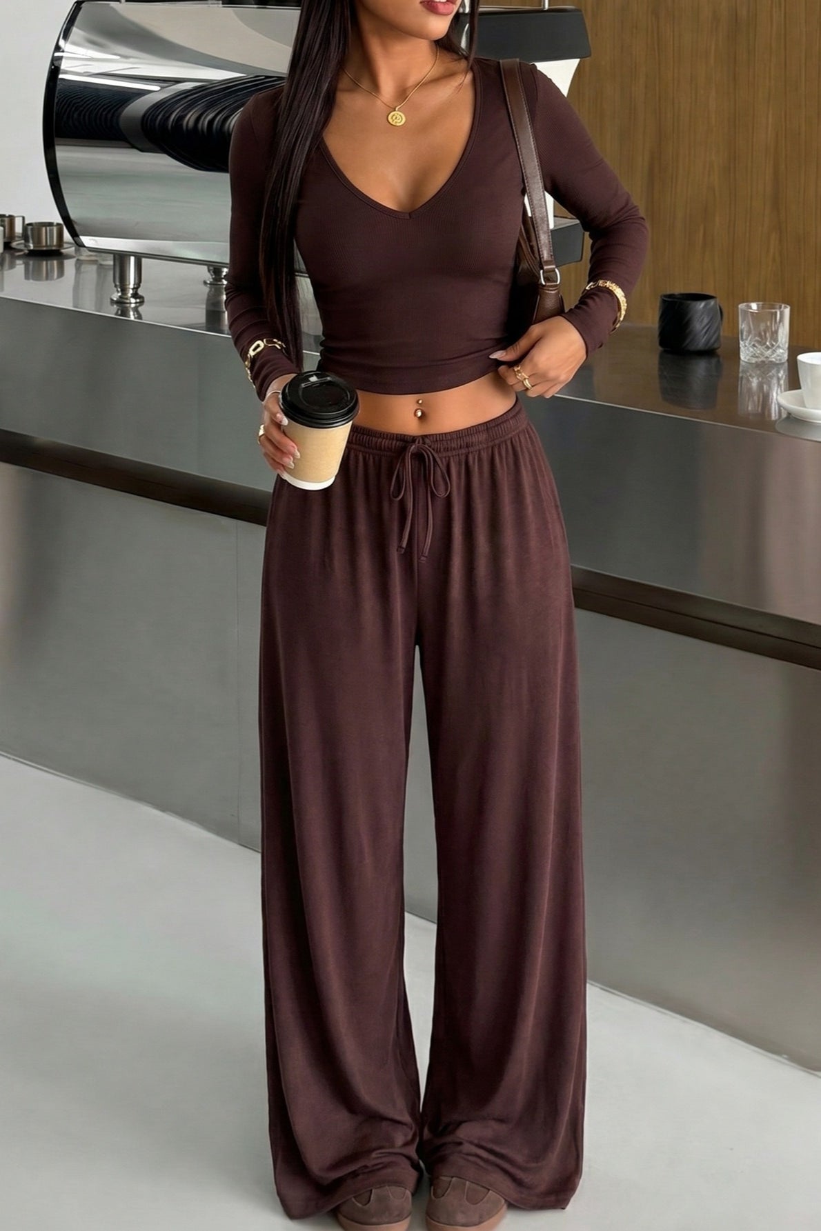 Brown Deep V Fitted Active Pants Set Secondary image