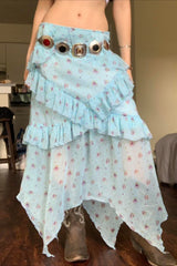 Floral Ruffle Asymmetric Sheer Mesh Vacation Maxi Skirt