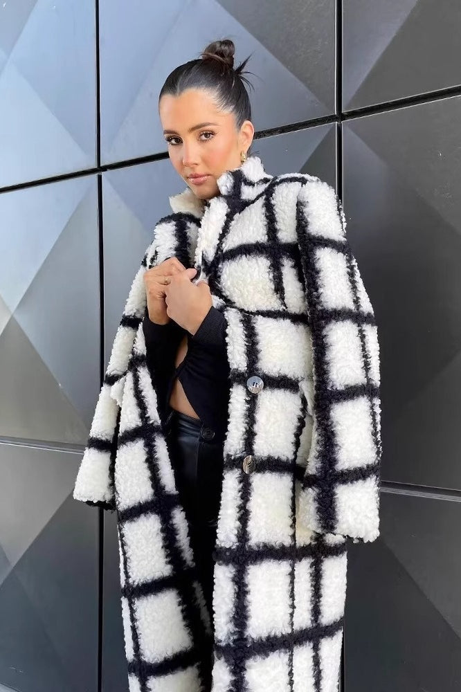 Black White Plaid Plush Lapel Overcoat Main image